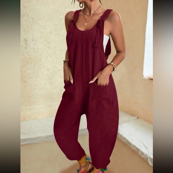 Boho red cami jumpsuit with pockets - Picture 12 of 15